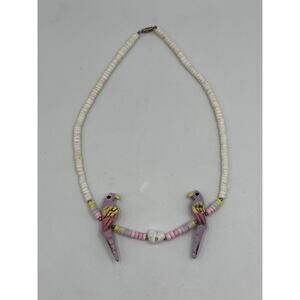 VTG Puka Shell Choker Necklace 17" Surfer Beach Birds Coastal Hand Carved PINK